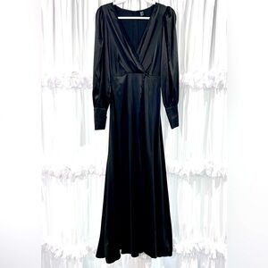 Privé Lantern Sleeve Wrap Satin Maxi Dress
